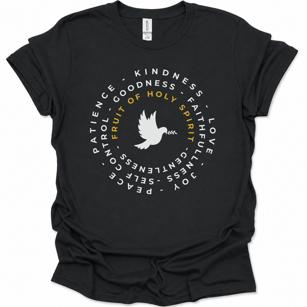 A black short-sleeve crewneck t-shirt with a circular graphic on the chest featuring a white dove and the words 'FRUIT OF HOLY SPIRIT' in yellow, surrounded by white words on a black background.