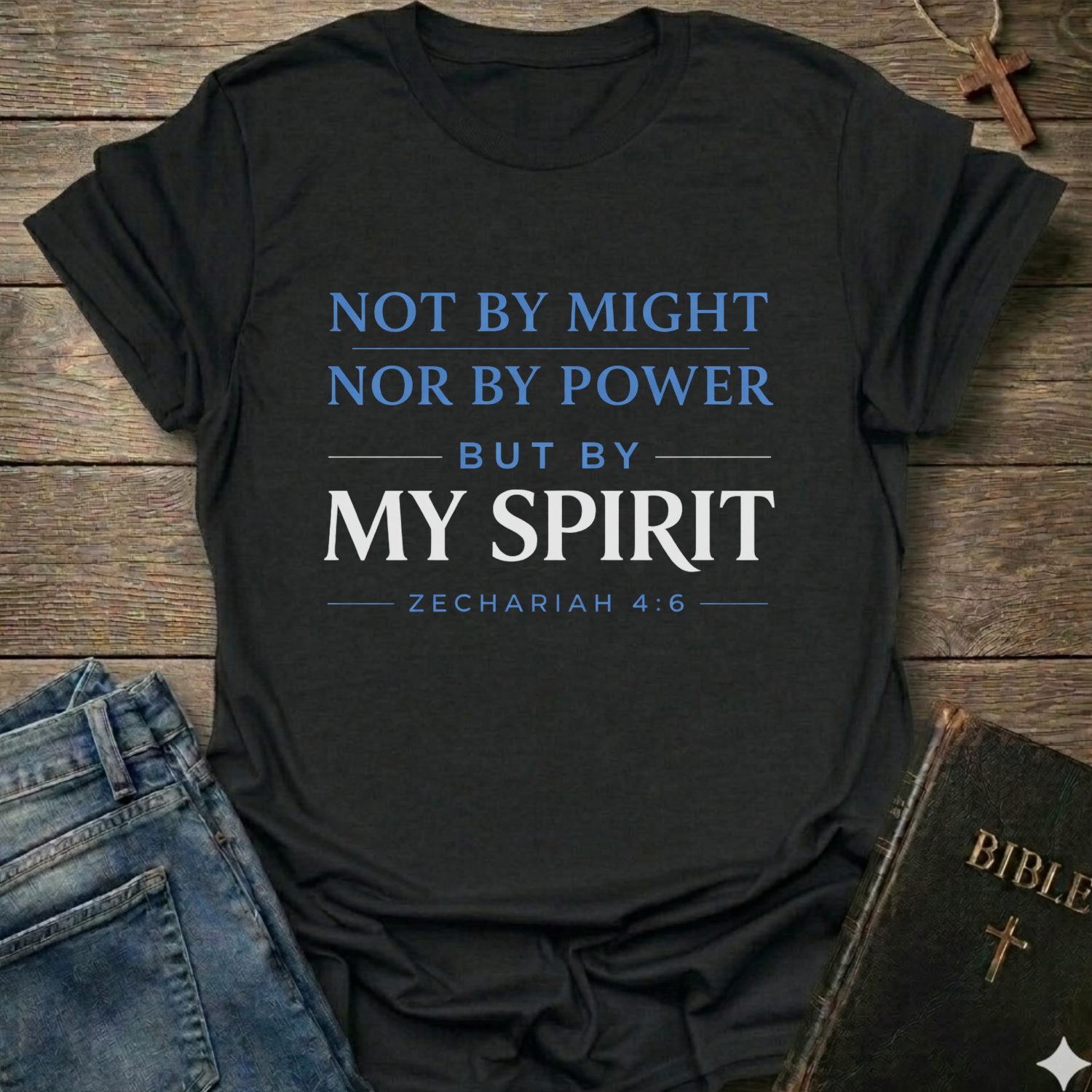 Black Christian T-Shirt with text Not by Might but by My Spirit  Zechariah 4:6 faith apparel conversation starter inspirational quote on a wooden surface with jeans and a Bible.