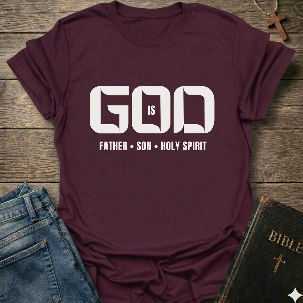 A maroon short-sleeve t-shirt with a white graphic print reading 'GOD IS FATHER • SON • HOLY SPIRIT', styled in a flat-lay on a rustic wooden background with blue jeans and a Bible nearby.