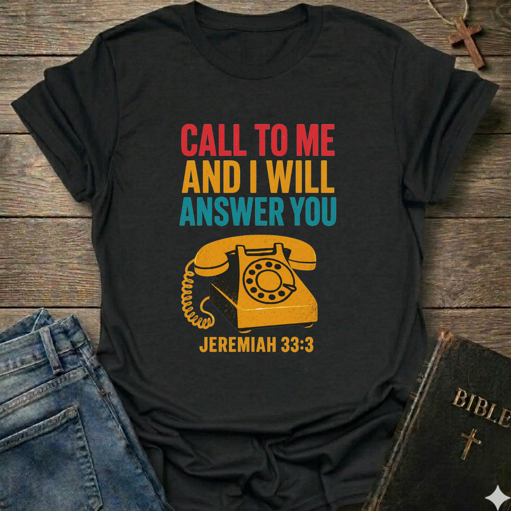Black t-shirt with with vintage phone graphic and text Call to Me and I Will Answer You Jeremiah 33:3 retro phone faith Christian apparel conversation starter on a wooden surface with jeans and a Bible.