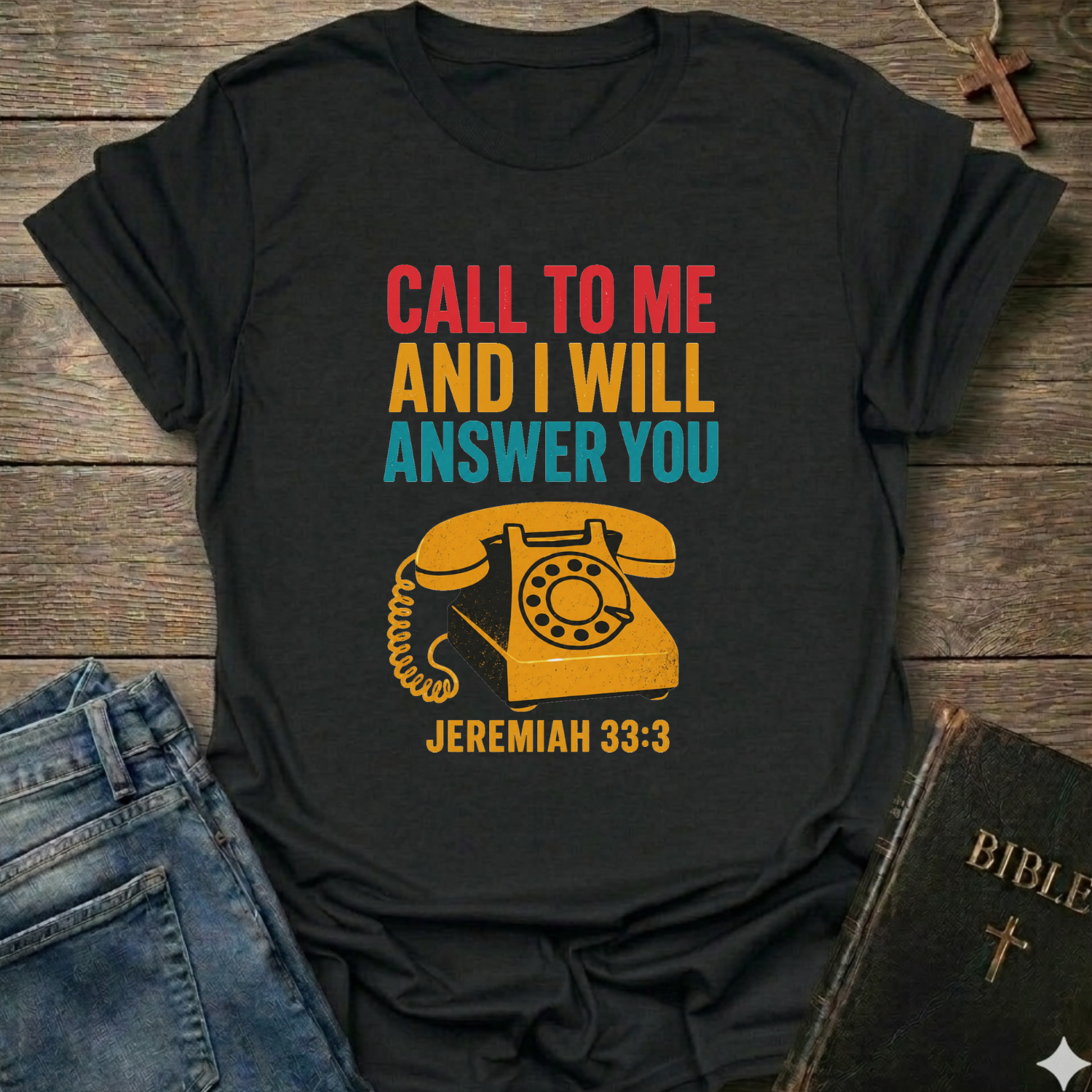Black t-shirt with with vintage phone graphic and text Call to Me and I Will Answer You Jeremiah 33:3 retro phone faith Christian apparel conversation starter on a wooden surface with jeans and a Bible.