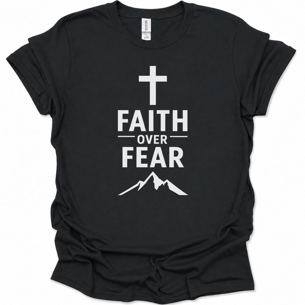A black short-sleeve crewneck t-shirt with a white graphic print on the front featuring a cross, the words 'FAITH OVER FEAR', and a mountain silhouette.