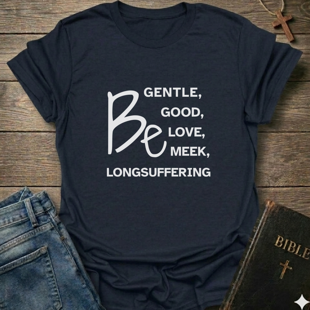 A navy blue graphic t-shirt with white text reading 'BE GENTLE, GOOD, LOVE, MEEK, LONGSUFFERING' styled in a flat-lay on a rustic wooden background with jeans and a Bible nearby.