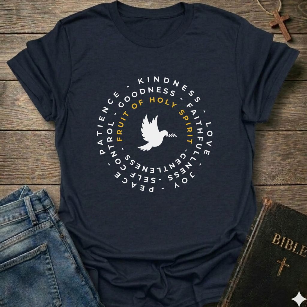 A navy blue graphic t-shirt laid flat on a rustic wooden surface, styled with blue jeans, a Bible, and a wooden cross. The t-shirt features a white circular graphic with a dove in the center and the words 'Fruit of Holy Spirit' in yellow, surrounded by white words including 'PATIENCE', 'KINDNESS', 'GOODNESS', 'FAITH', 'LOVE', 'JOY', 'PEACE', and 'GENTLENESS'.