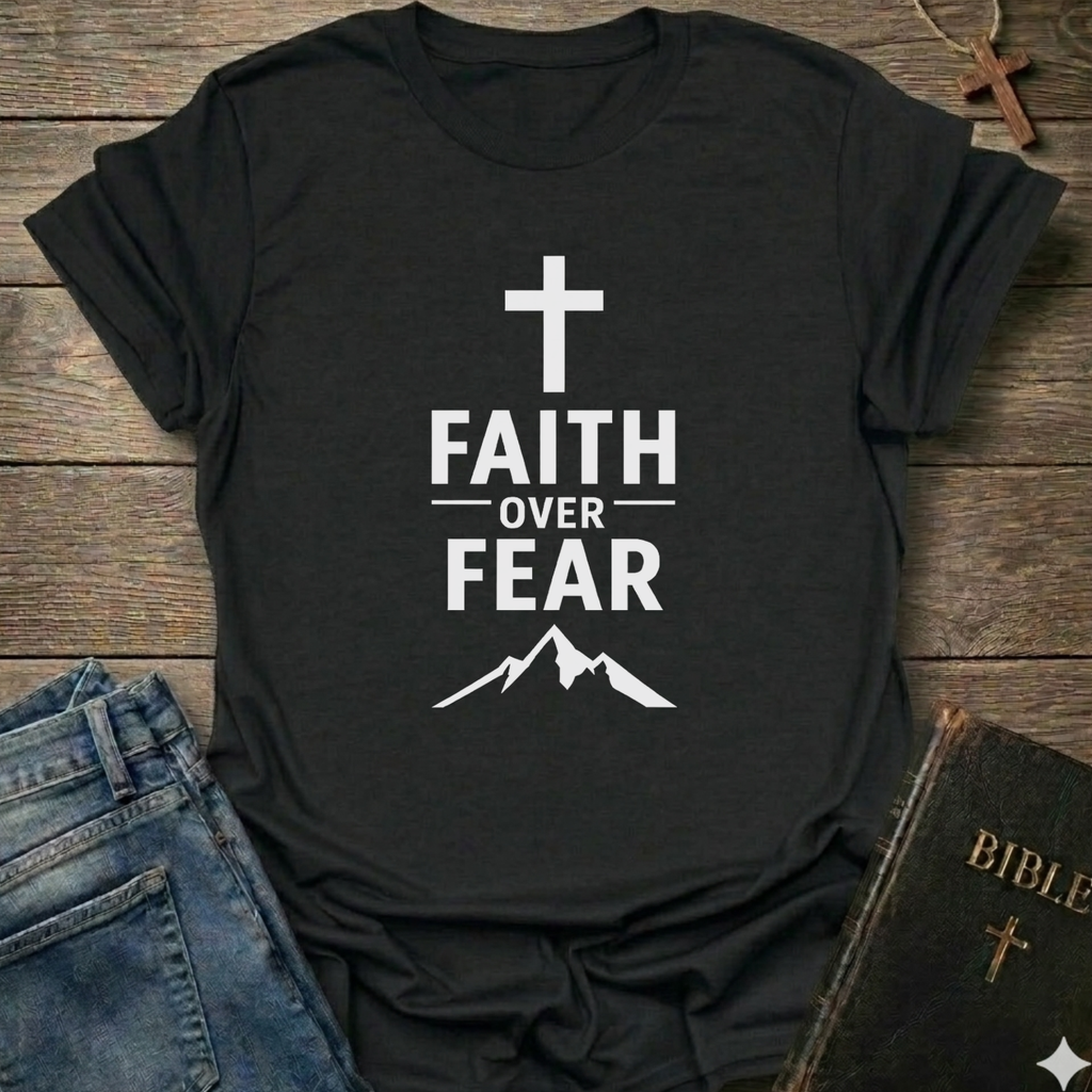 Black tshirt with 'Faith Over Fear' Cross Mountain Christian faith apparel conversation starter design on a wooden surface with jeans and a Bible.