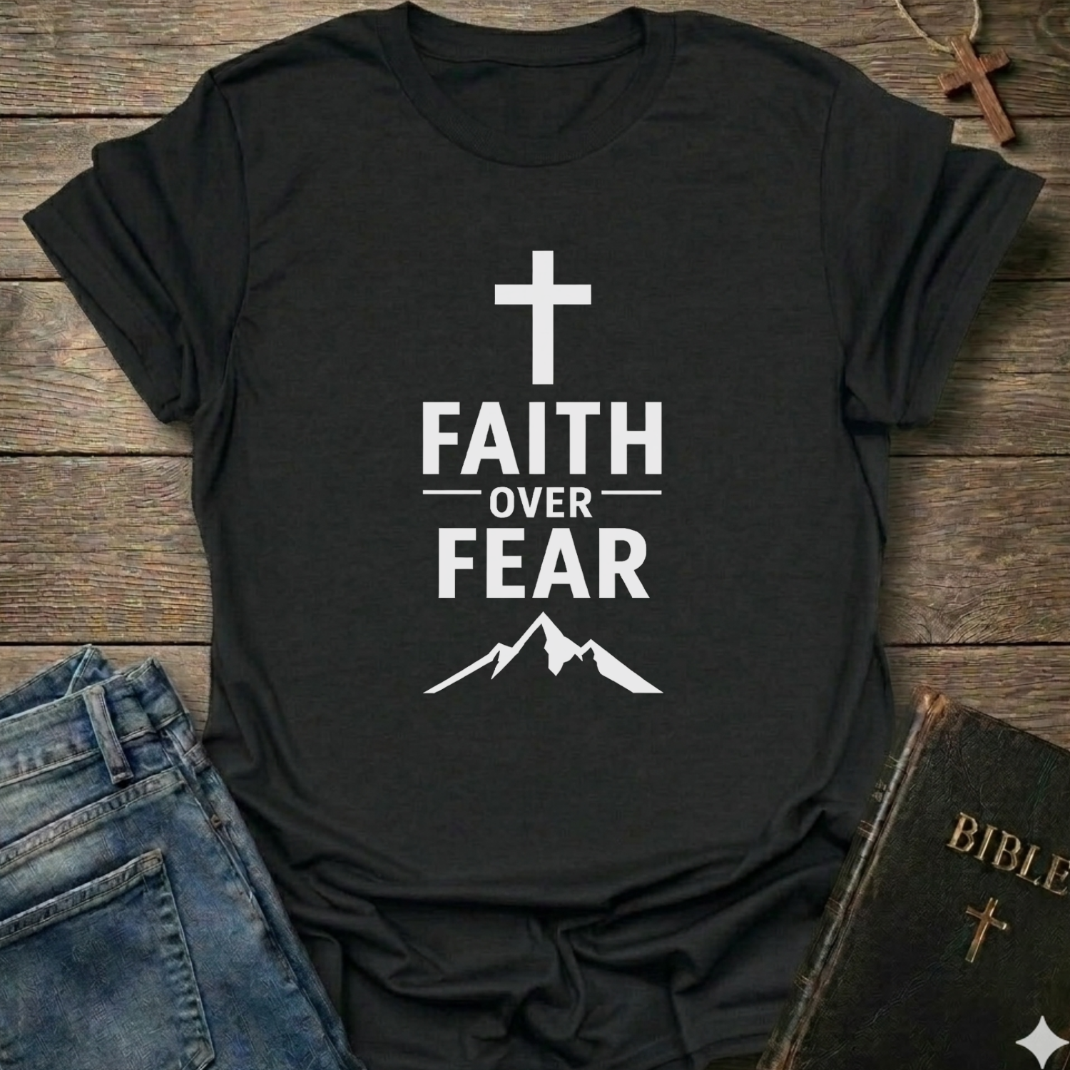Black tshirt with 'Faith Over Fear' Cross Mountain Christian faith apparel conversation starter design on a wooden surface with jeans and a Bible.