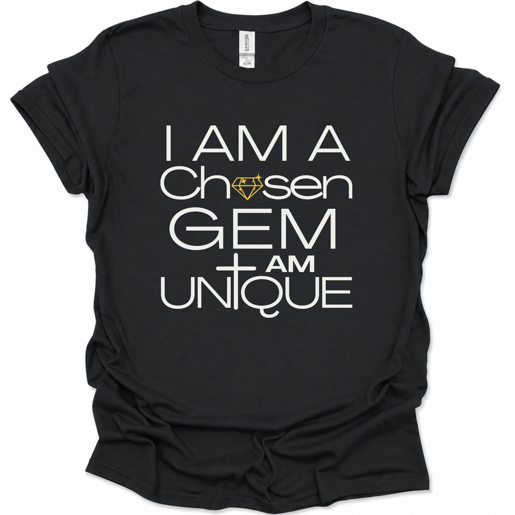 A black short-sleeve t-shirt with a white graphic text print reading 'I AM A Chosen GEM I AM UNIQUE' and a small yellow diamond icon, shown on a plain white background.