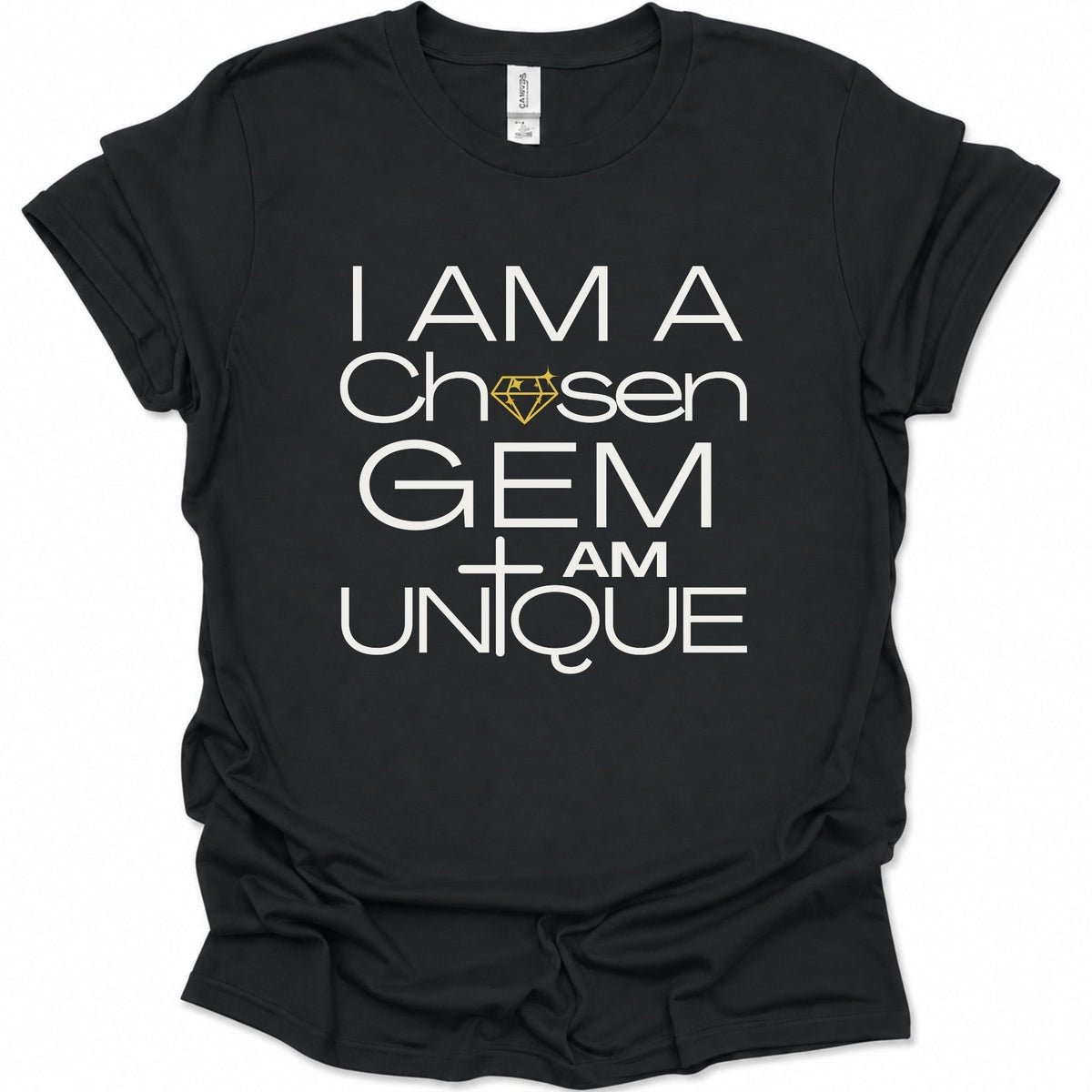 A black short-sleeve t-shirt with a white graphic text print reading 'I AM A Chosen GEM I AM UNIQUE' and a small yellow diamond icon, shown on a plain white background.
