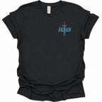 A black short-sleeve t-shirt with a blue and white graphic on the left chest featuring a sword and the text  'JESUS ALPHA & OMEGA' in light blue. The shirt is shown flat against a white background.