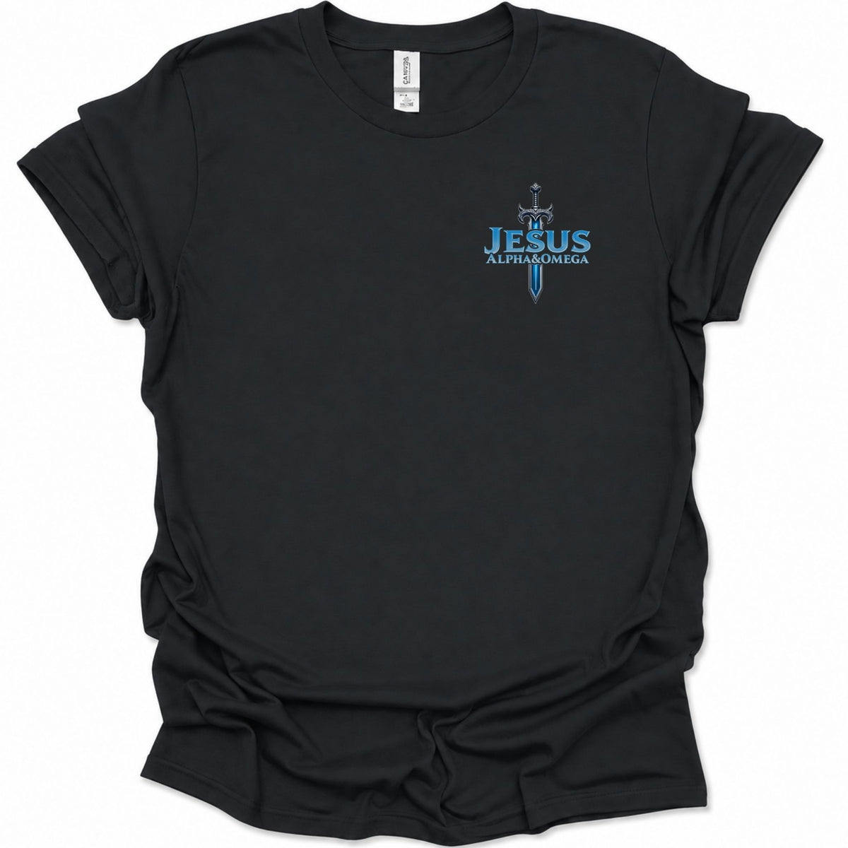 A black short-sleeve t-shirt with a blue and white graphic on the left chest featuring a sword and the text  'JESUS ALPHA & OMEGA' in light blue. The shirt is shown flat against a white background.