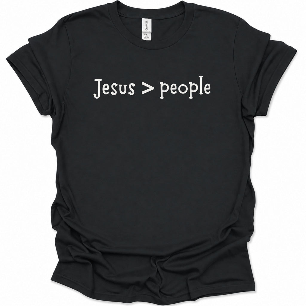 A black short-sleeve t-shirt with the phrase 'Jesus > people' printed in white across the chest, displayed against a plain white background.