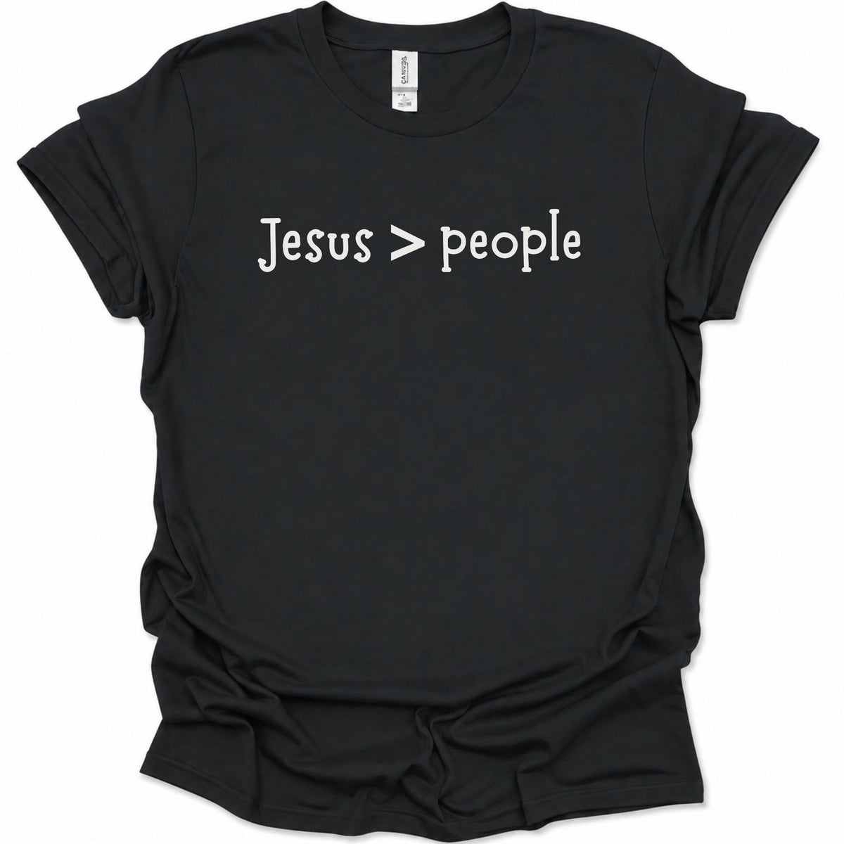 A black short-sleeve t-shirt with the phrase 'Jesus > people' printed in white across the chest, displayed against a plain white background.