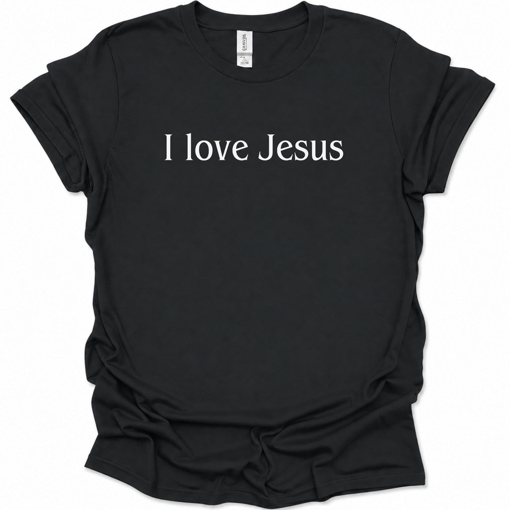 A black short-sleeve crewneck t-shirt with the phrase 'I love Jesus' printed in white serif text across the chest, displayed flat against a white background.