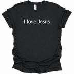 A black short-sleeve crewneck t-shirt with the phrase 'I love Jesus' printed in white serif text across the chest, displayed flat against a white background.