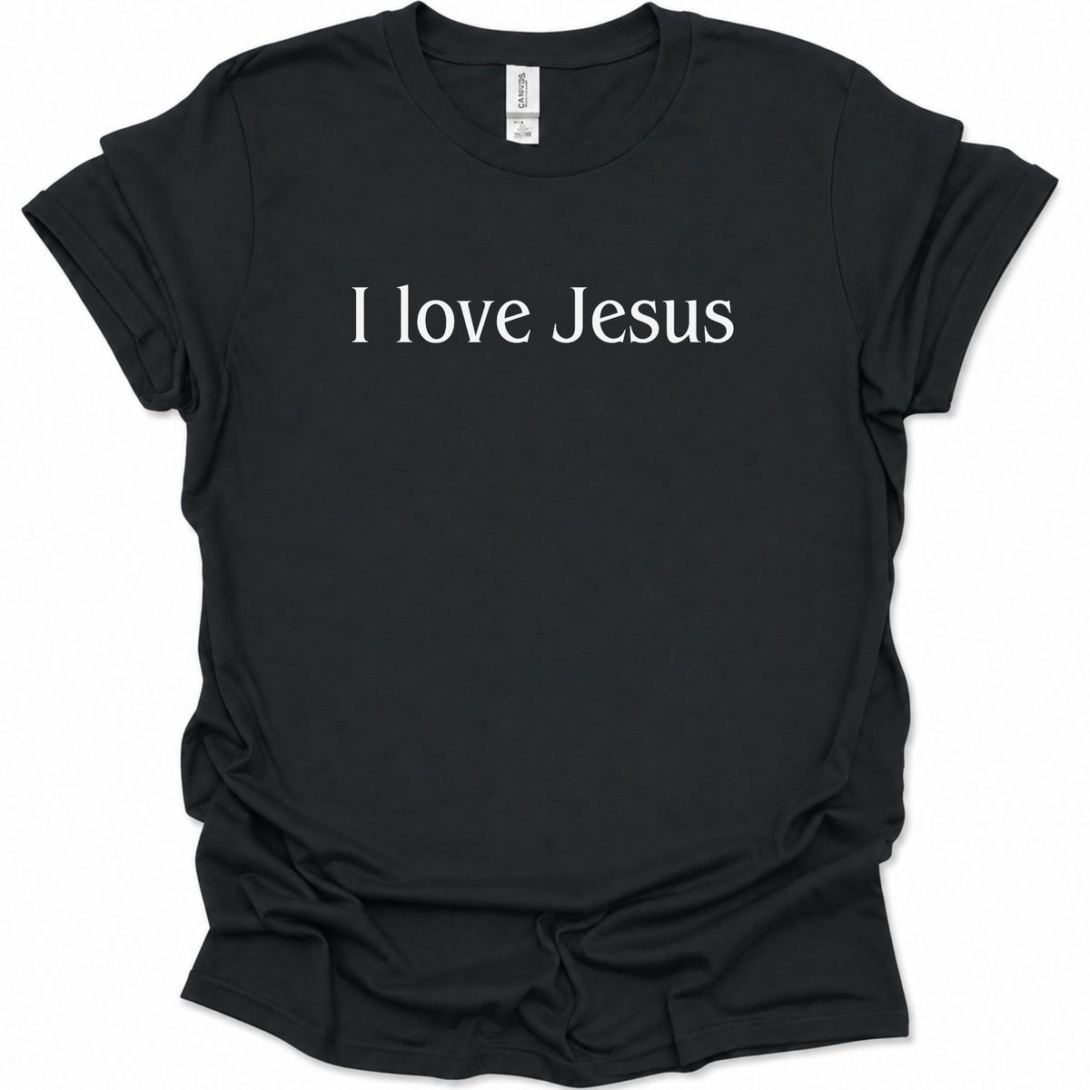 A black short-sleeve crewneck t-shirt with the phrase 'I love Jesus' printed in white serif text across the chest, displayed flat against a white background.