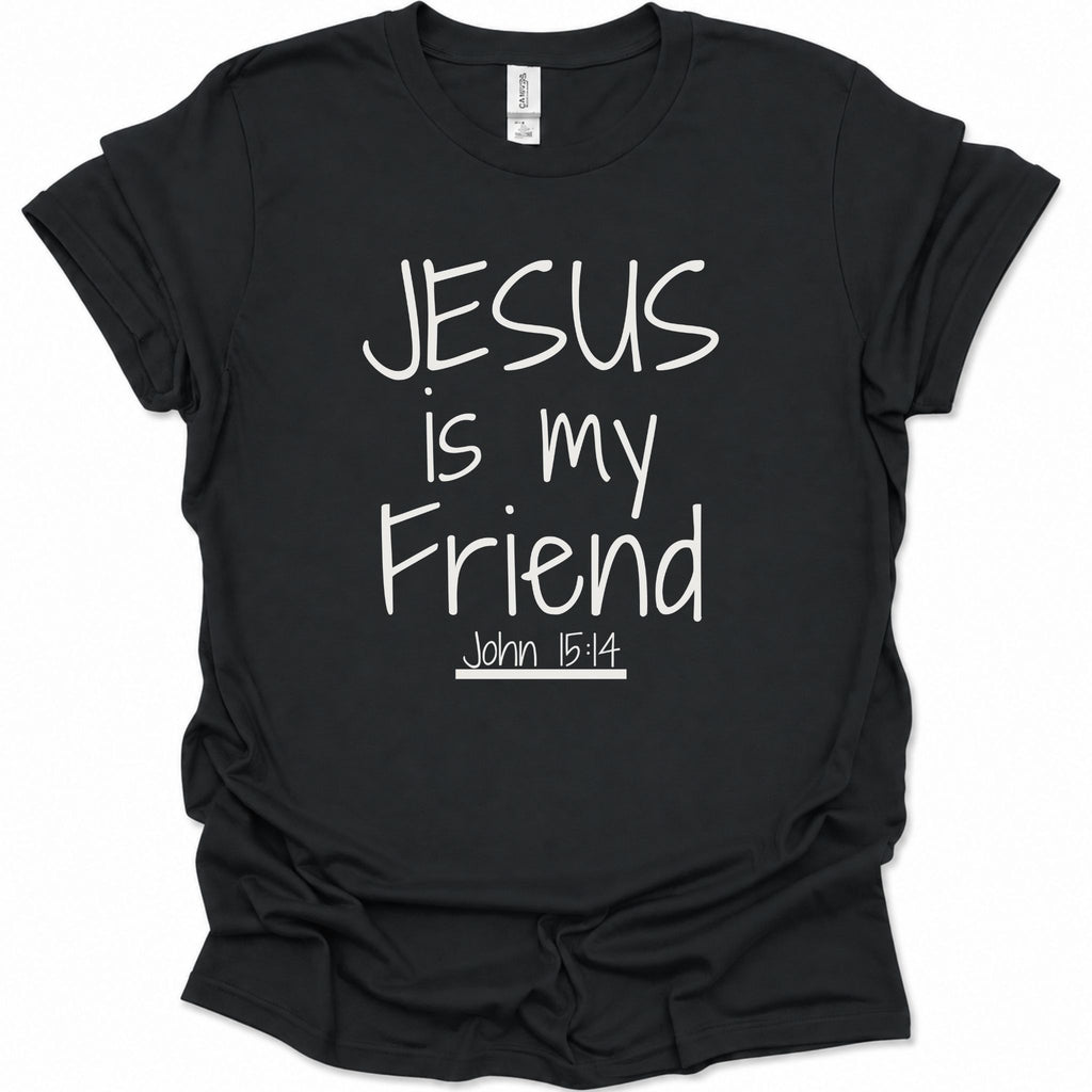A black short-sleeve t-shirt with white text reading 'JESUS is my Friend John 15:14' printed on the front, displayed against a plain white background.