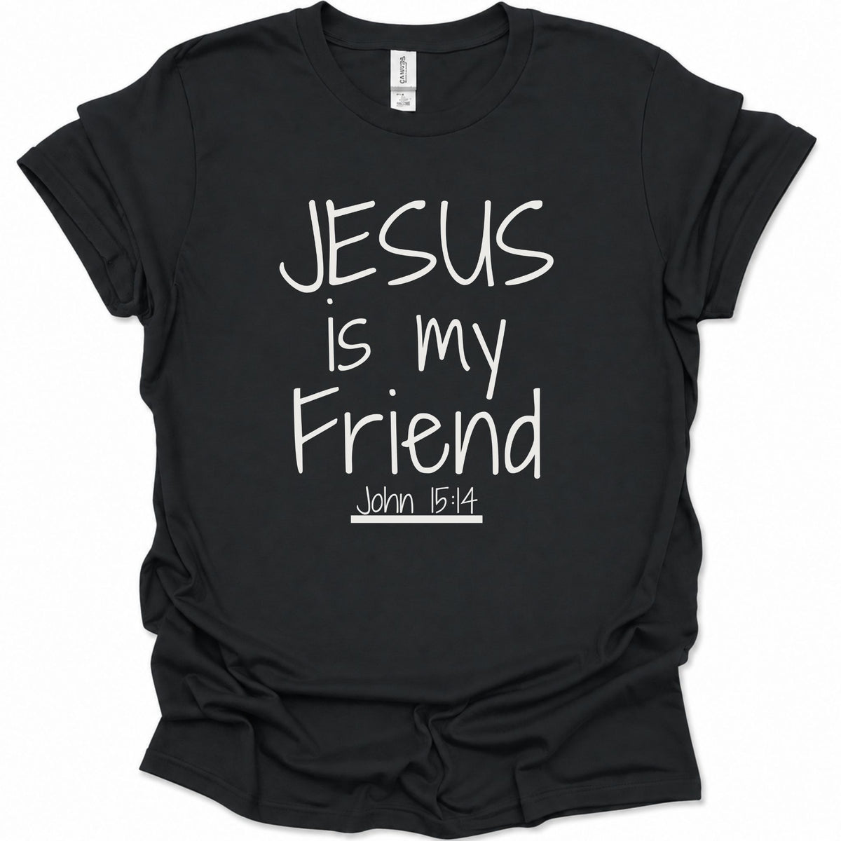A black short-sleeve t-shirt with white text reading 'JESUS is my Friend John 15:14' printed on the front, displayed against a plain white background.