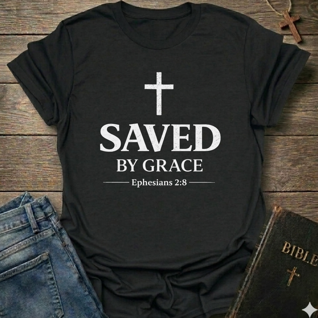 Black Christian t-shirt with 'Saved by Grace' text and cross reference Ephesians 2:8 scripture faith apparel conversation starter  on a wooden surface with jeans and a Bible. 