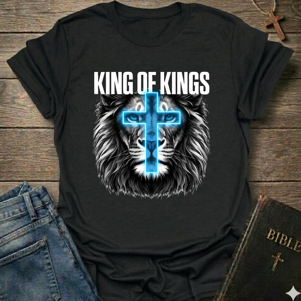 Black Christian T-Shirt with lion graphic and 'King of Kings' text Revelation 19:16 bold faith apparel conversation starter on a wooden surface with jeans and a Bible.