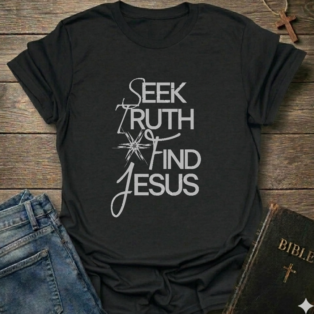 Black t-shirt with 'Seek Truth Find Jesus' text on a wooden surface with jeans and a Bible. Bold typography faith apparel conversation starter.