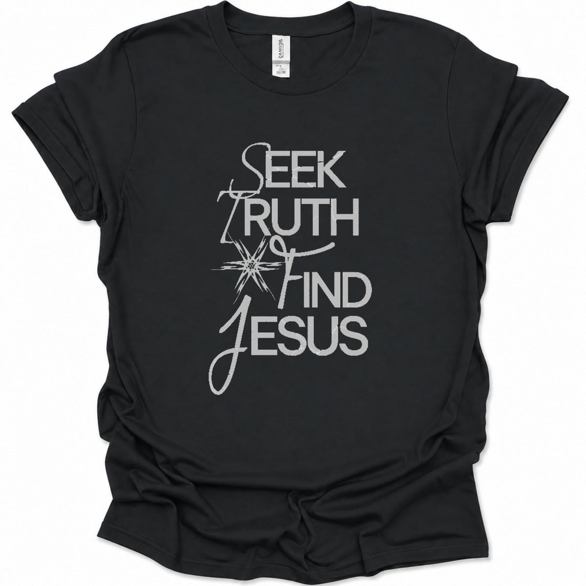 A black short-sleeve t-shirt with a white graphic print on the front reading 'SEEK TRUTH AND JESUS' in mixed serif and script fonts, displayed on a clean white background.