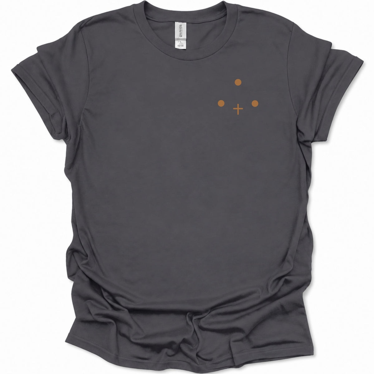 A dark heather gray short-sleeve t-shirt with a small orange graphic on the left chest consisting of three dots and a cross sign, displayed on a clean white background.
