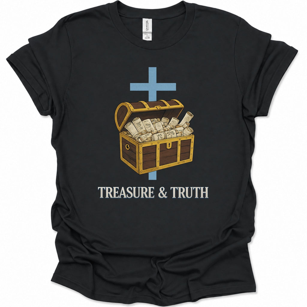 A black short-sleeve crewneck t-shirt with a graphic of an open treasure chest filled with cash, a blue cross behind it, and the text 'TREASURE & TRUTH' printed below in white.