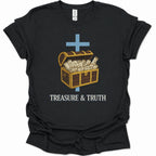 A black short-sleeve crewneck t-shirt with a graphic of an open treasure chest filled with cash, a blue cross behind it, and the text 'TREASURE & TRUTH' printed below in white.