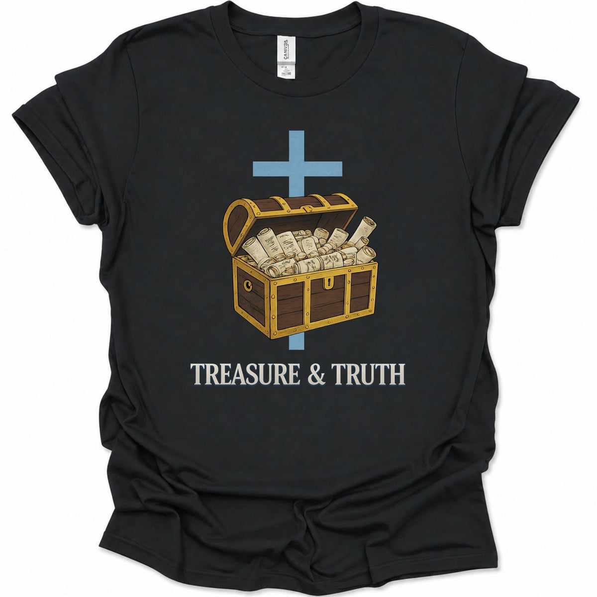 A black short-sleeve crewneck t-shirt with a graphic of an open treasure chest filled with cash, a blue cross behind it, and the text 'TREASURE & TRUTH' printed below in white.