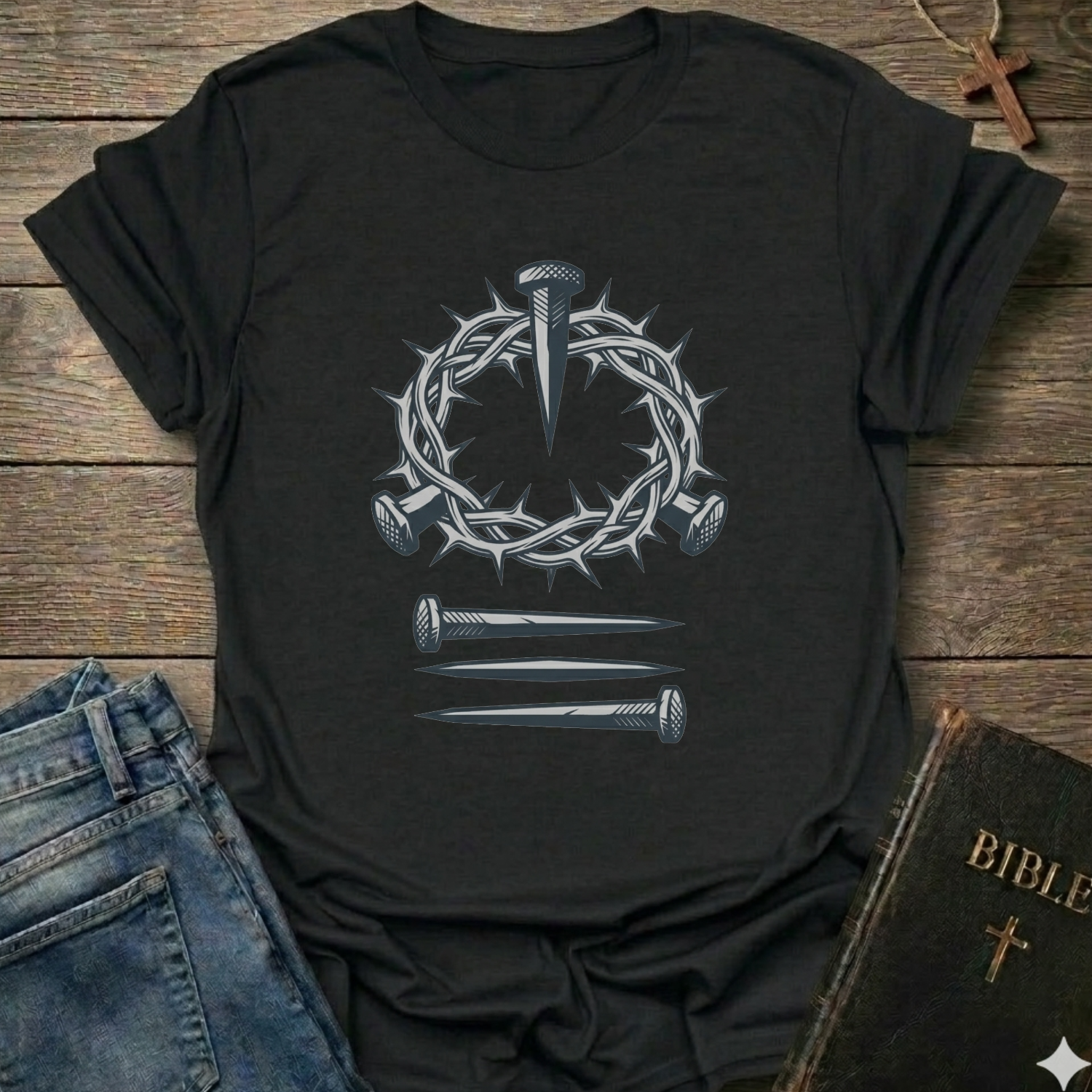 Black Christian T-Shirt Gospel faith apparel conversation starter with a crown of thorns and nails design on a wooden surface. 