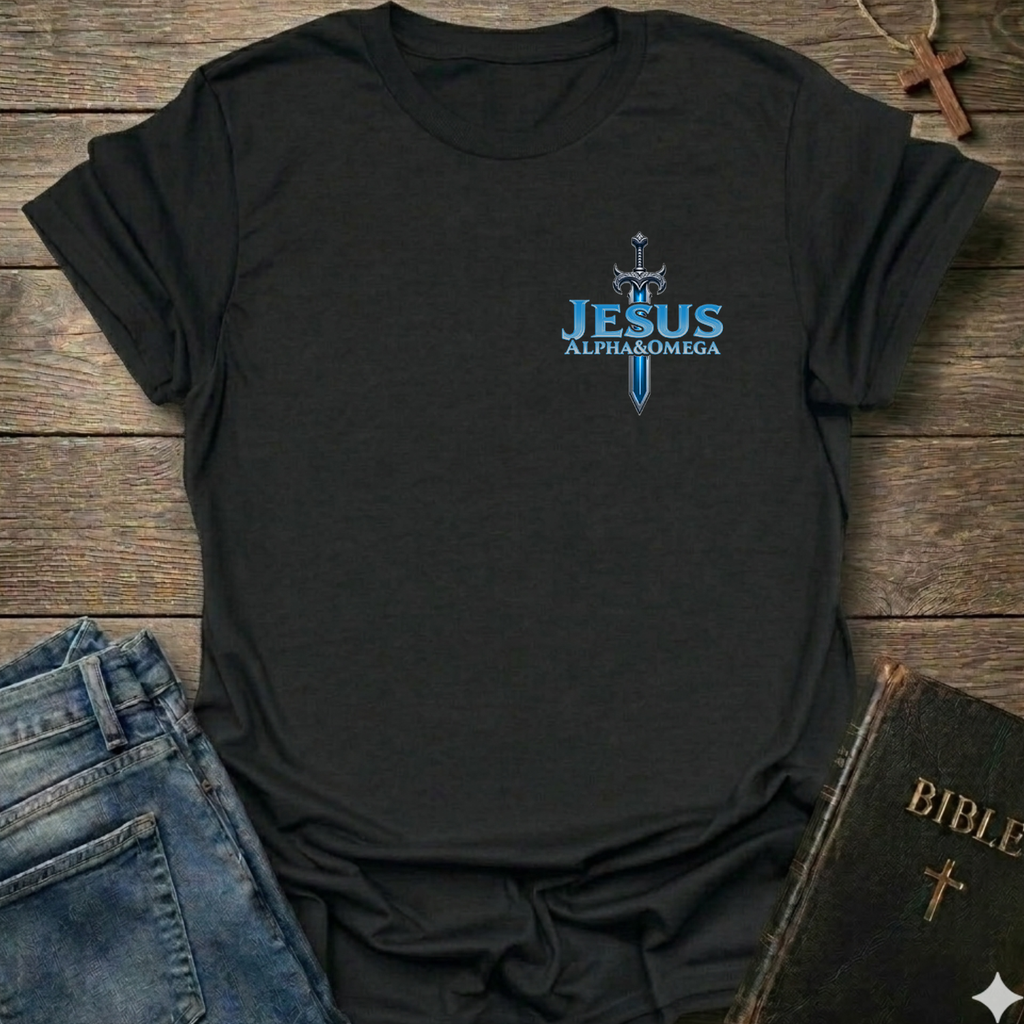 Black t-shirt with 'Jesus Alpha & Omega' and a Sword Christian T-Shirt Revelation 22:13 bold faith apparel Faith Forward design on a wooden surface with jeans and a Bible.