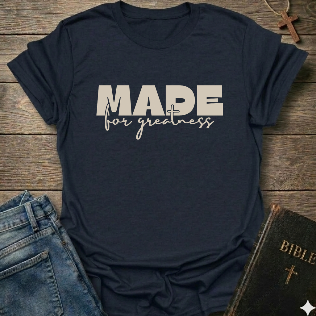 A navy short sleeve t-shirt with the text 'MADE for greatness' based on 2 Corinthians 5 verse 17 printed on the front, styled in a flat-lay arrangement with blue jeans and a Bible on a rustic wooden background.