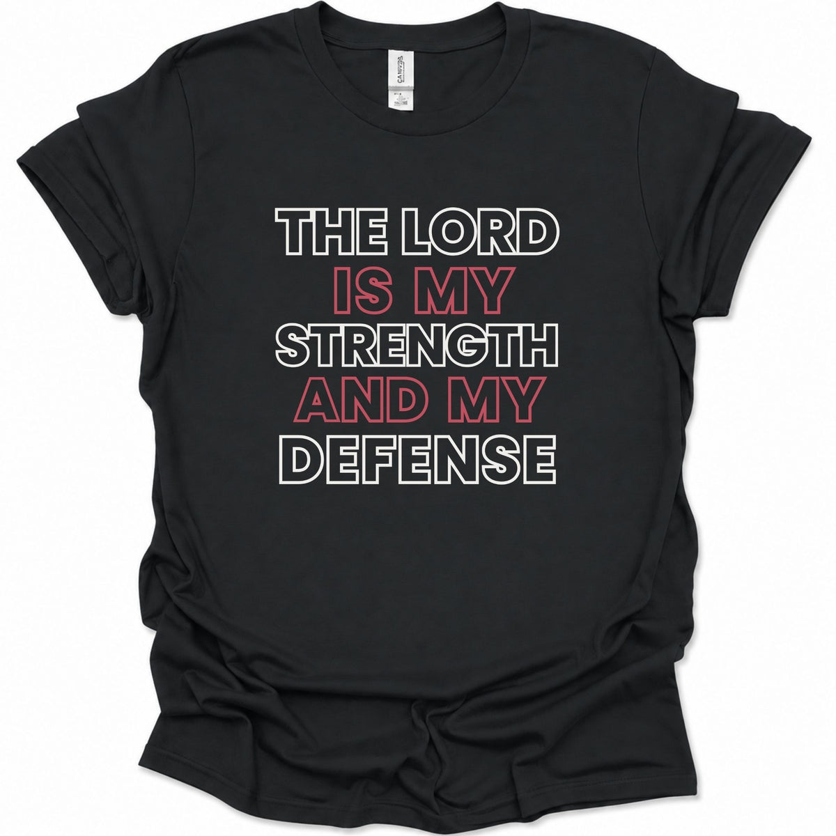 A black short-sleeve t-shirt with a graphic text print reading 'THE LORD IS MY STRENGTH AND MY DEFENSE' in white and red lettering, displayed on a clean white background.
