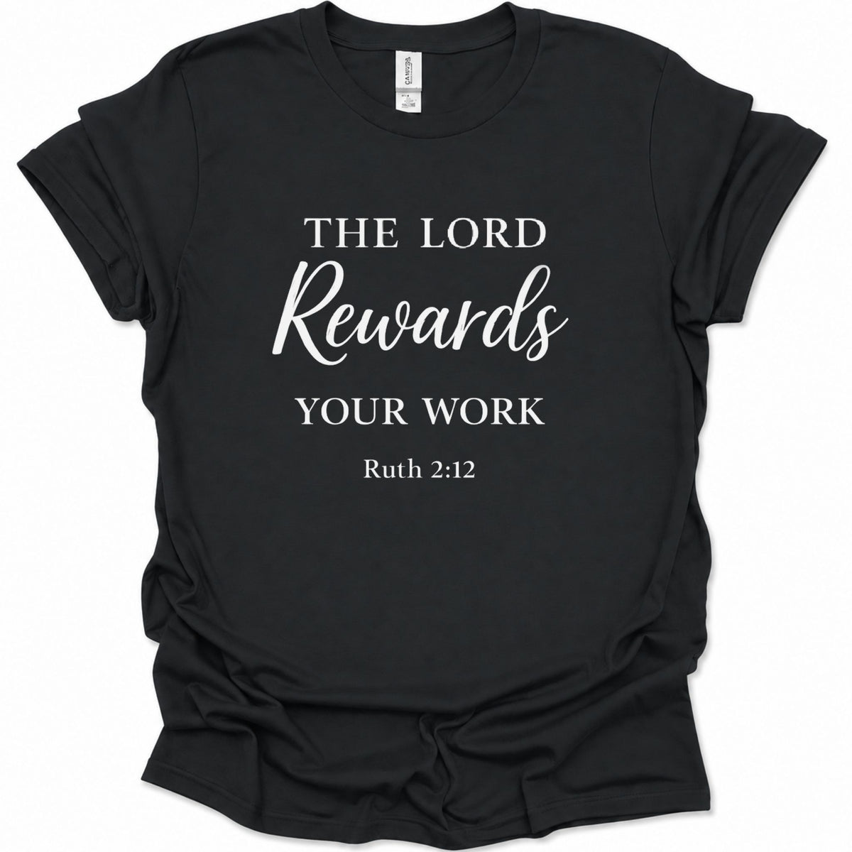 A black short-sleeve crewneck t-shirt with white printed text reading 'THE LORD Rewards YOUR WORK Ruth 2:12' on the front, shown against a plain white background.