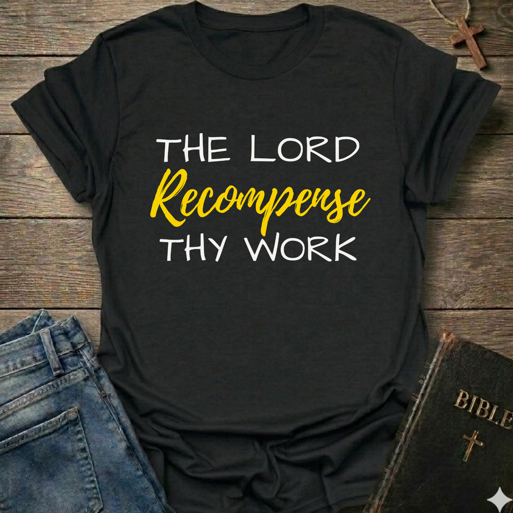 Black t-shirt with "The Lord Recompense Thy Work" Ruth 2:12 black gold text faith apparel Faith Forward on a wooden surface with jeans and a Bible.