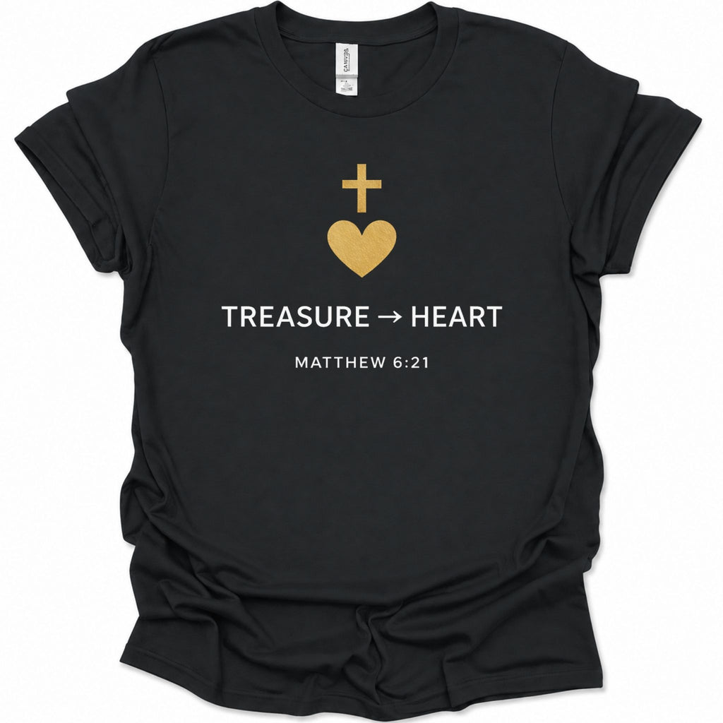 A black short-sleeve t-shirt with a gold and white graphic on the chest featuring a cross, a heart, the word 'TREASURE', an arrow, 'HEART', and 'MATTHEW 6:21'.