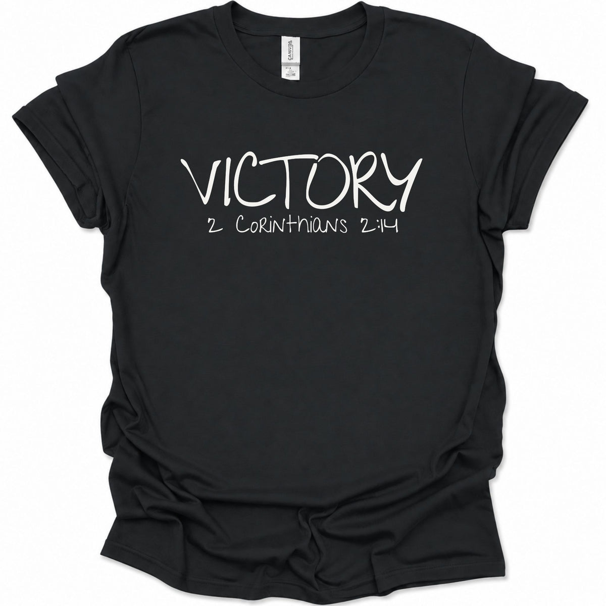 A black short-sleeve t-shirt with 'VICTORY 2 CORINTHIANS 2:14' printed in white across the chest, displayed flat against a white background.