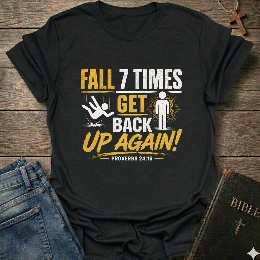Black t-shirt with motivational quote "Fall 7 Times Get Back Up Again Proverbs 24:16" bold graphic faith apparel Faith Forward on a wooden surface with jeans and a Bible.