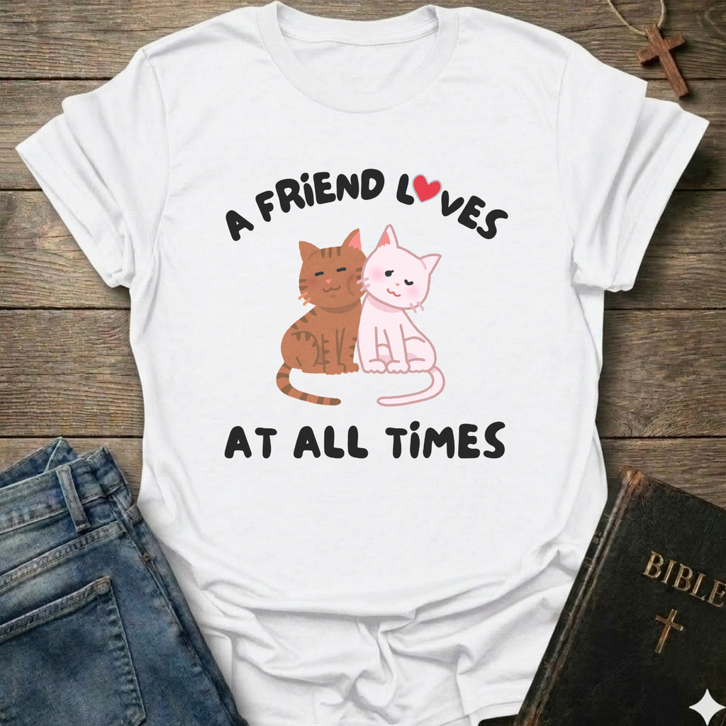White t-shirt with cat graphic and text A Friend Loves at All Times Christian T-Shirt illustrated Proverbs 17:17 faith apparel conversation starter
on a wooden surface