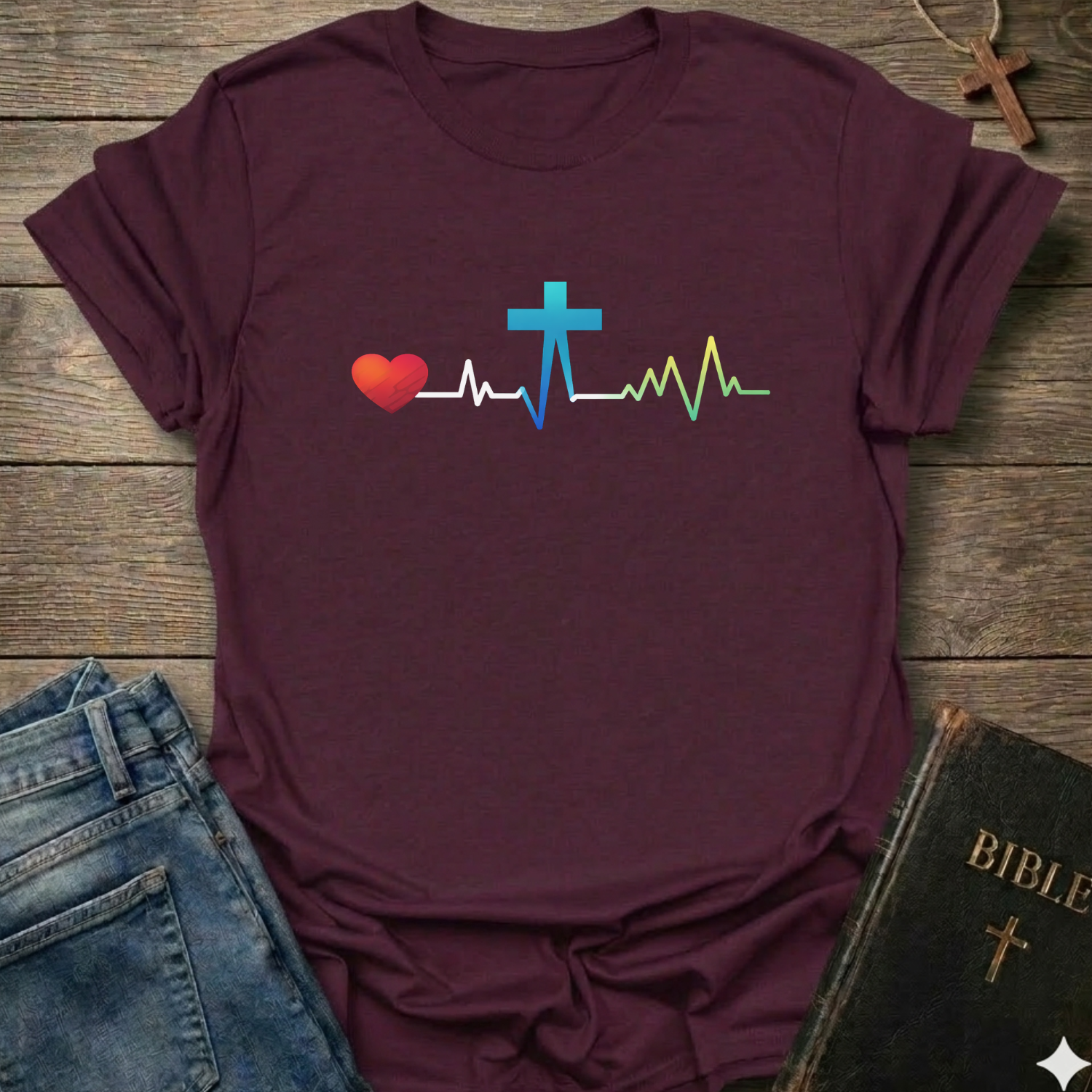 Cross Heart Lifeline Graphic Christian T-Shirt bold faith apparel Faith Forward