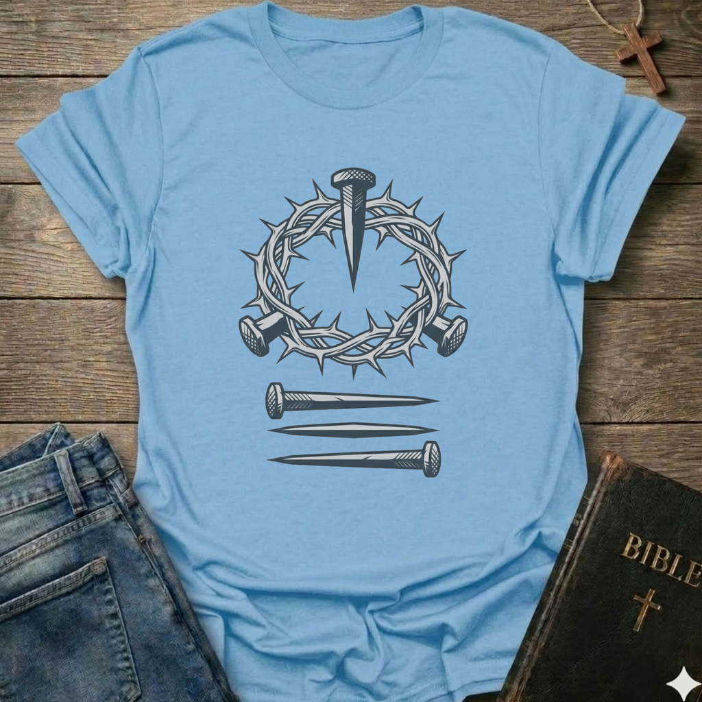 Light blue Christian T-Shirt Gospel faith apparel conversation starter with a crown of thorns and nails design on a wooden surface. 