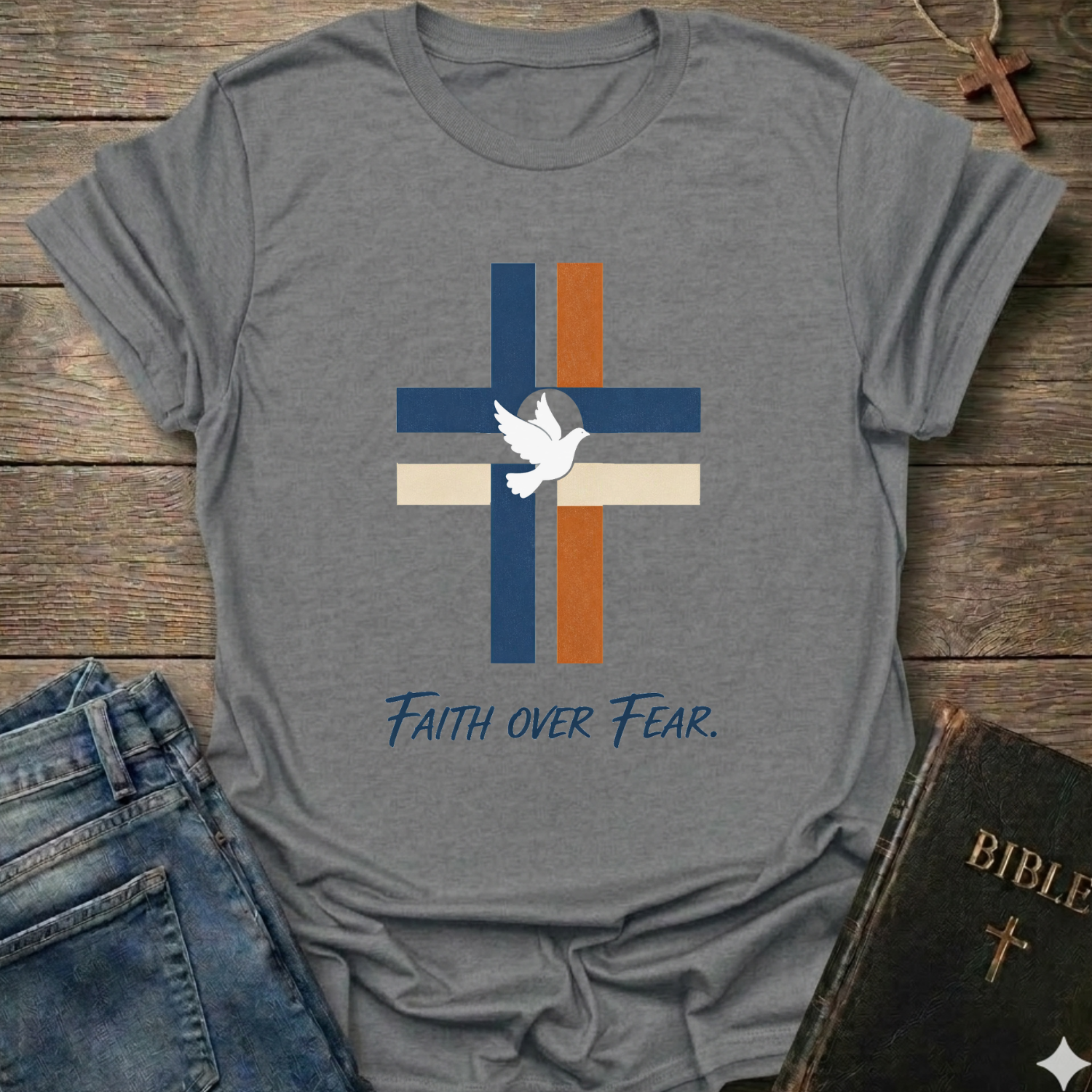 Faith over Fear Cross Dove Christian T-Shirt white faith apparel conversation starter