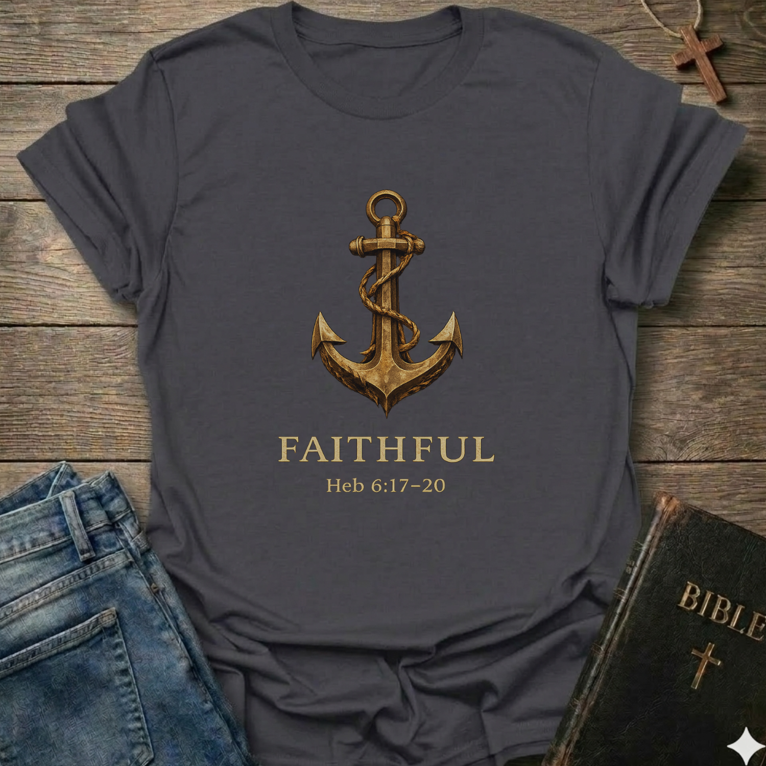 Faithful Anchor Christian T-Shirt Hebrews 6:17-20 gold scripture faith apparel