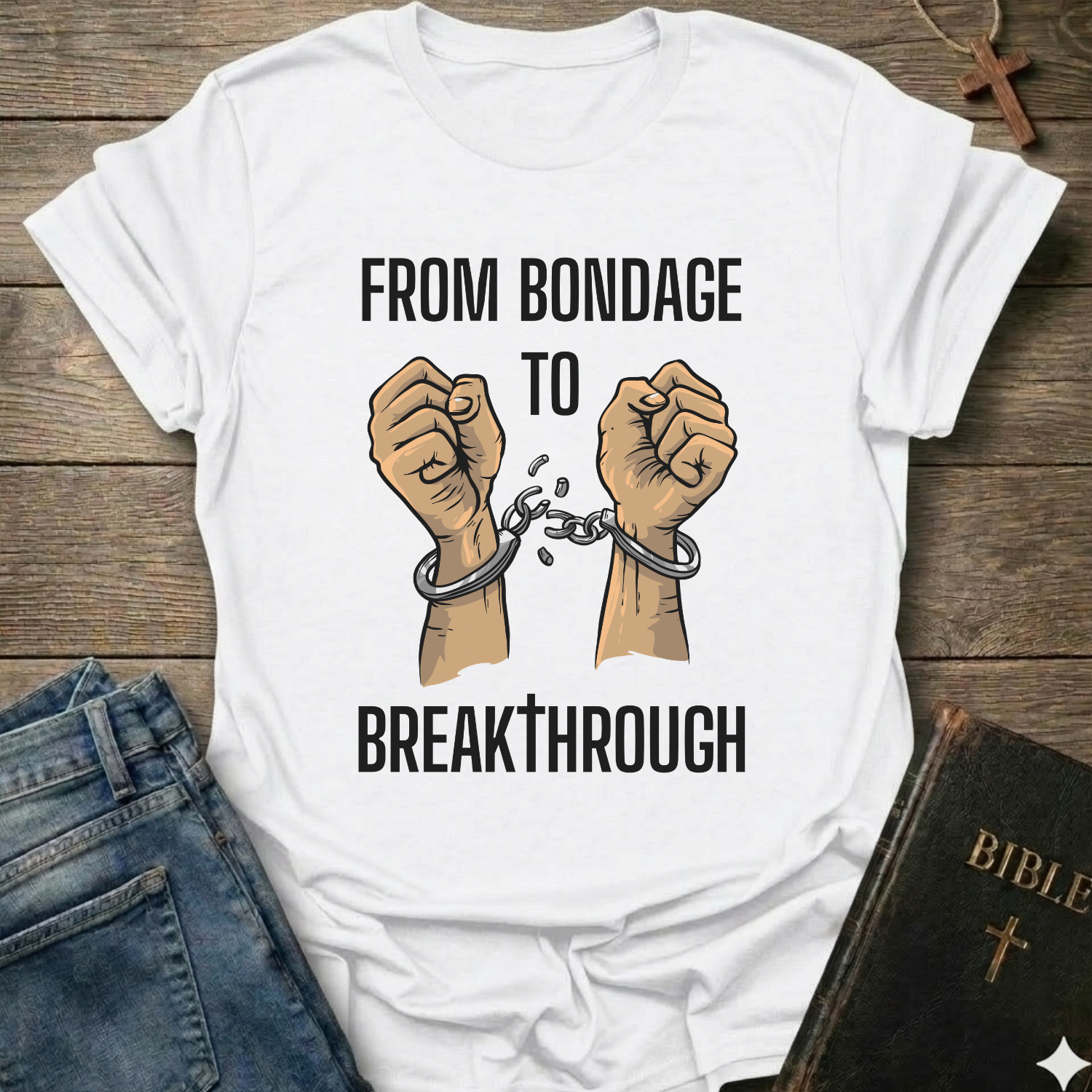 White t-shirt with text 'From Bondage to Breakthrough' Christian T-Shirt and broken chains graphic faith apparel conversation starter
on a wooden surface.