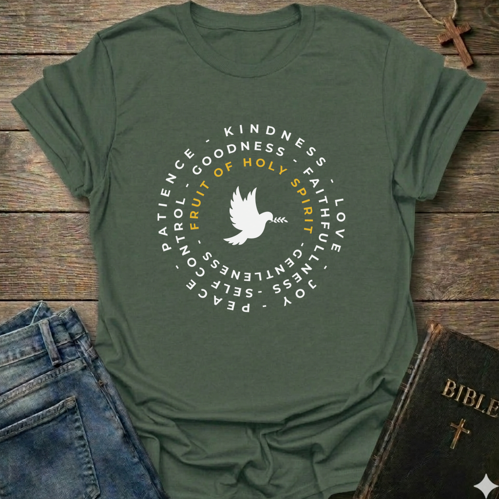 An military green short-sleeve t-shirt laid flat on a rustic wooden surface, styled with blue jeans, a Bible, and a wooden cross. The t-shirt features a white circular graphic with a dove in the center and the words 'Fruit of Holy Spirit' in yellow, surrounded by white words including 'PATIENCE', 'KINDNESS', 'GOODNESS', 'FAITH', 'LOVE', 'JOY', 'PEACE', and 'GENTLENESS'.
