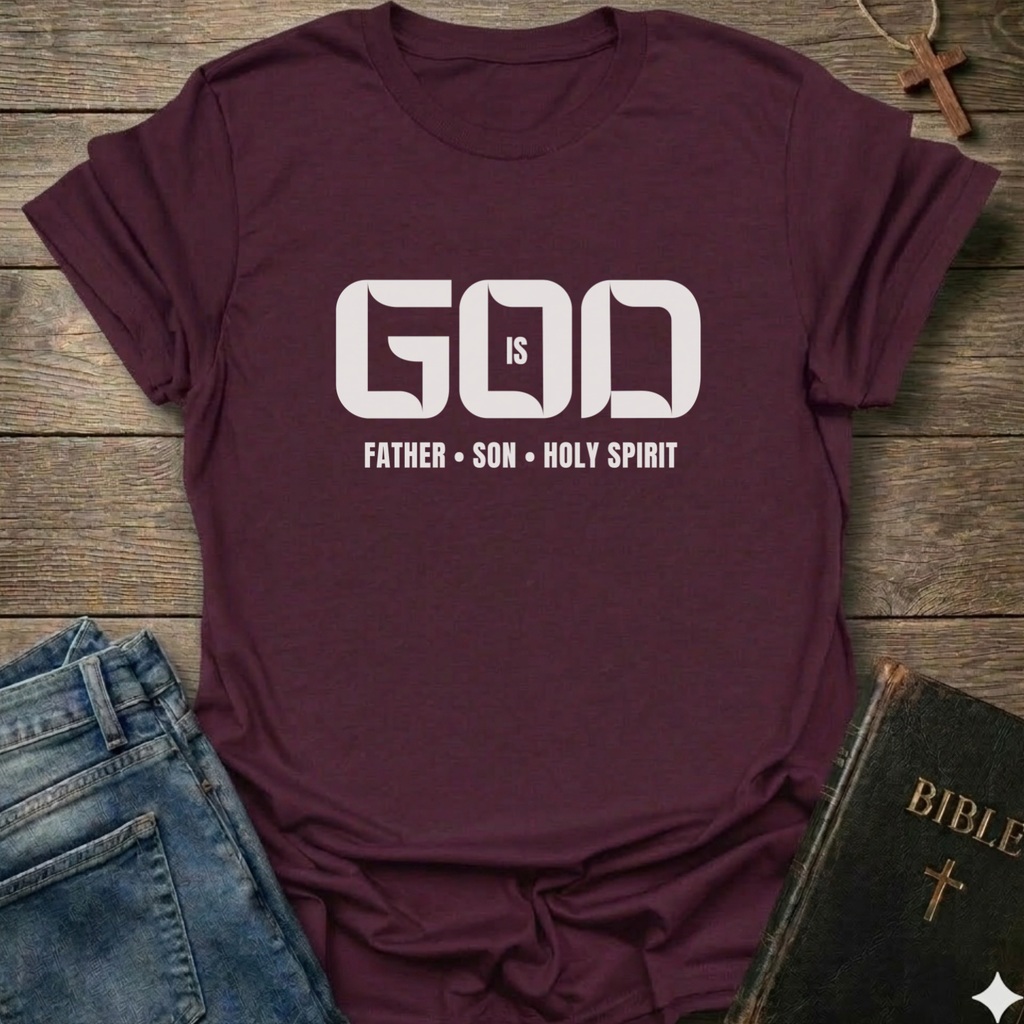 Maroon T-shirt with text "God is Father Son Holy Spirit Trinity" Christian T-Shirt bold typography faith apparel conversation starter. It is on a wooden background with a jeans and a bible.