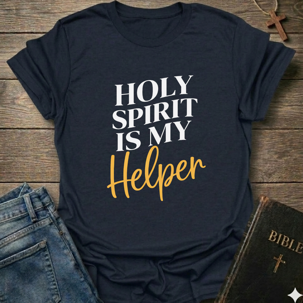 Black t-shirt with 'Holy Spirit is my Helper' text on a wooden surface with jeans and a Bible. Holy Spirit is My Helper Christian T-Shirt John 14:26 faith apparel Faith Forward