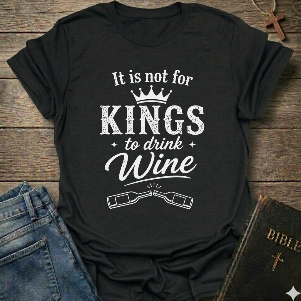 Black t-shirt with white text "It is Not for Kings to Drink Wine" and 2 wine bottles graphic based on Proverbs 31:4 Christian faith apparel conversation starter on a wooden surface with jeans and a Bible.