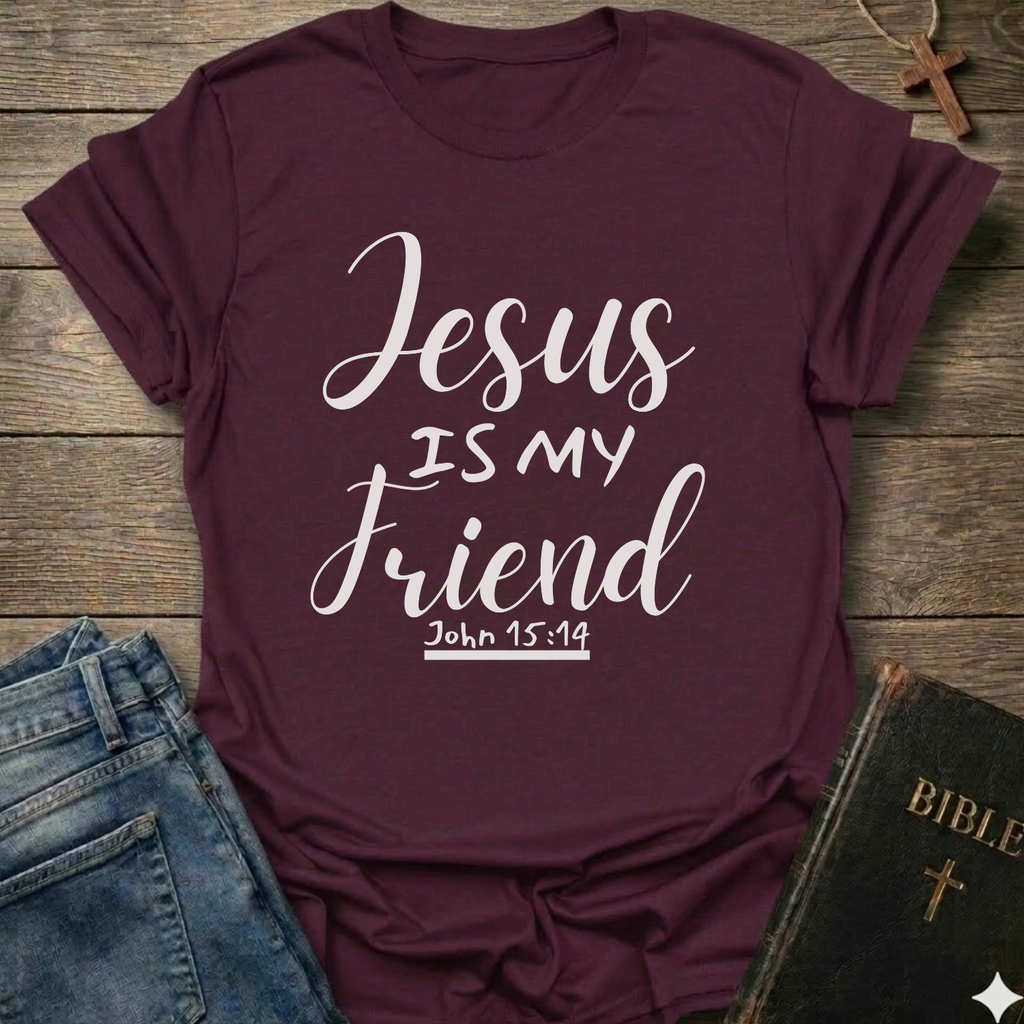 Maroon t-shirt with 'Jesus is my friend' text on a wooden surface with jeans and a Bible. Jesus is My Friend Christian T-Shirt John 15:14 bold faith apparel Faith Forward