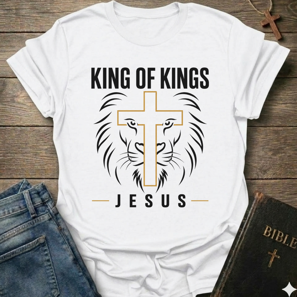 White t-shirt with 'King of Kings Jesus Lion Cross Revelation 19:16 faith apparel conversation starter' on a wooden surface. 